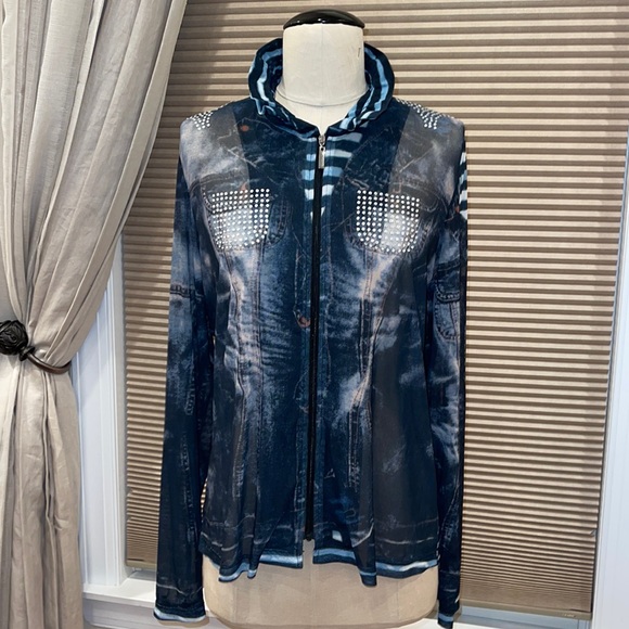 NWOT My Stuff (Boutique Buys By Belinda) Sheer Denim Print Zip Jacket - Picture 2 of 9